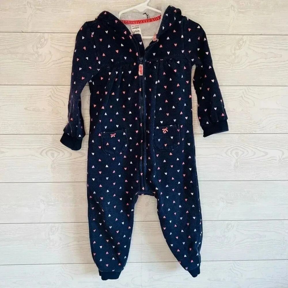 Carter's Toddler Girl Navy Heart Fleece Jumpsuit Hooded One-Piece 24M